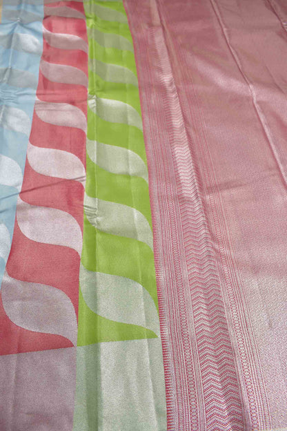 Multi Colour Semi Silk Tissue Fancy Leaves Print Pink Zari Pallu Saree