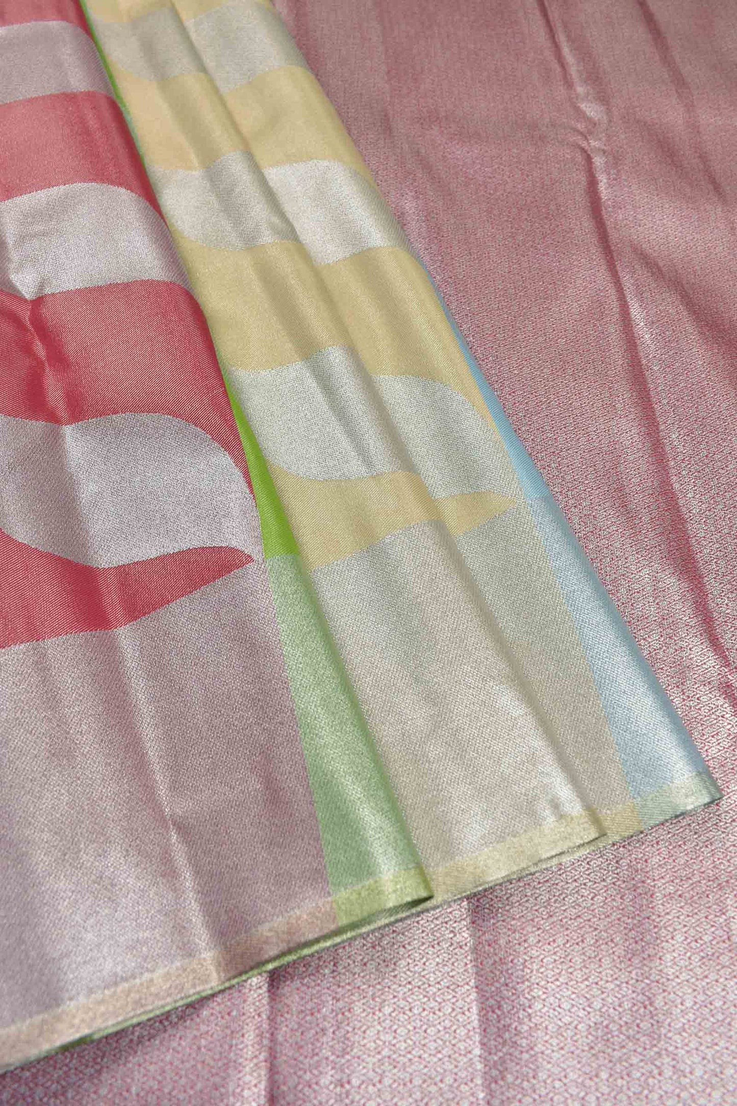 Multi Colour Semi Silk Tissue Fancy Leaves Print Pink Zari Pallu Saree