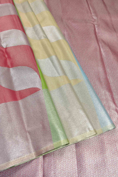 Multi Colour Semi Silk Tissue Fancy Leaves Print Pink Zari Pallu Saree