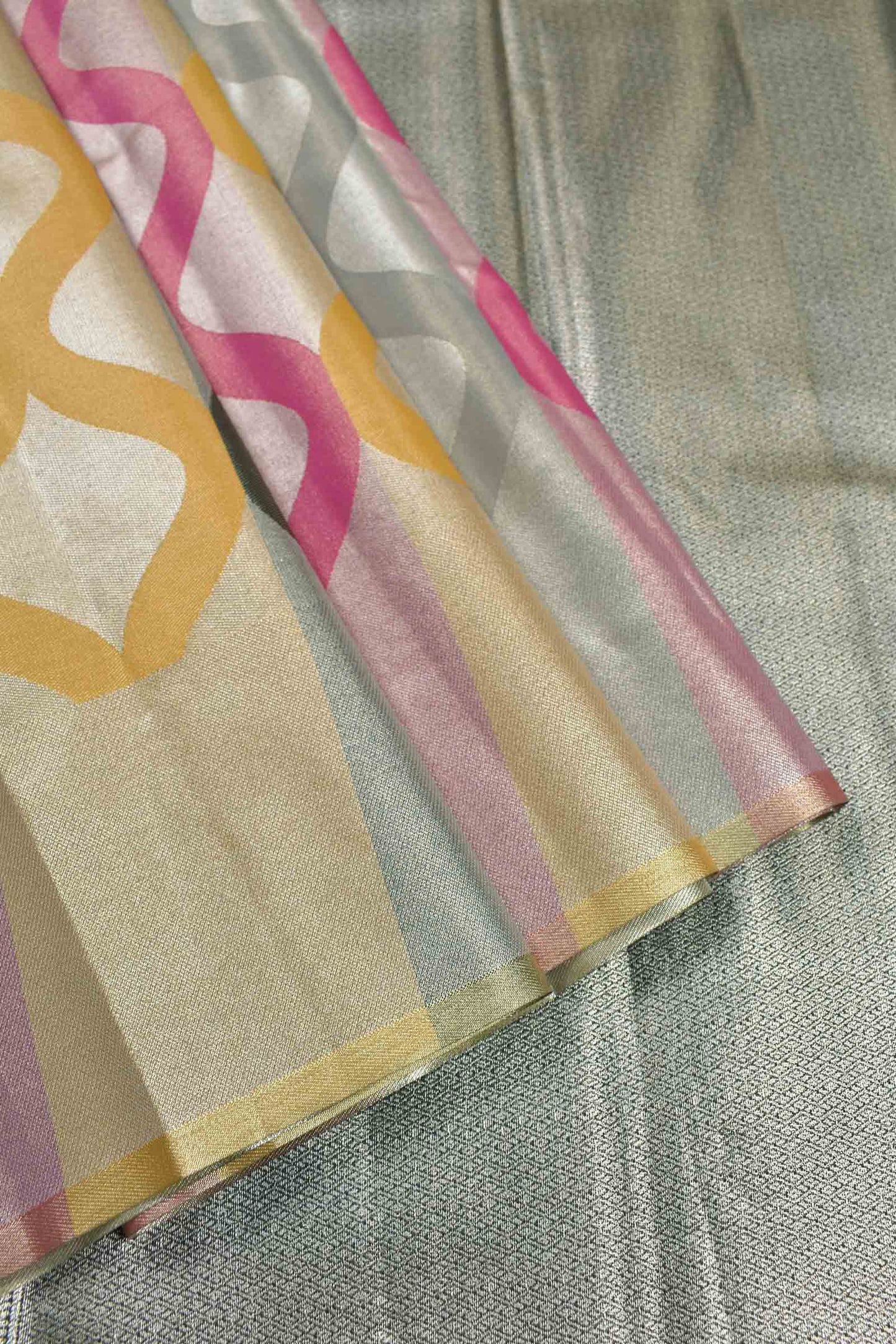 Multi Colour Semi Silk Tissue Fancy Print Silver Zari Pallu Saree