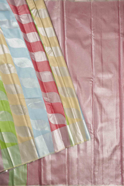 Multi Colour Semi Silk Tissue Fancy Leaves Print Pink Zari Pallu Saree