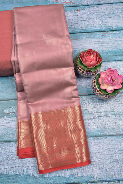 Light Pink Semi Silk Tissue Fancy Mini Zari Lines Contrast Zari Border Pallu Saree