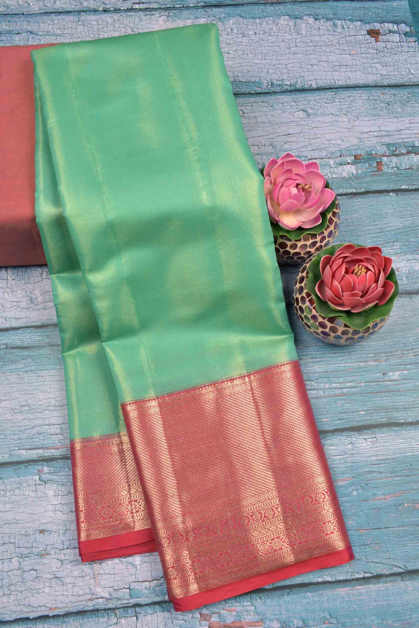 Golden Parrot Green Semi Silk Tissue Fancy Mini Zari Lines Contrast Zari Border Pallu Saree
