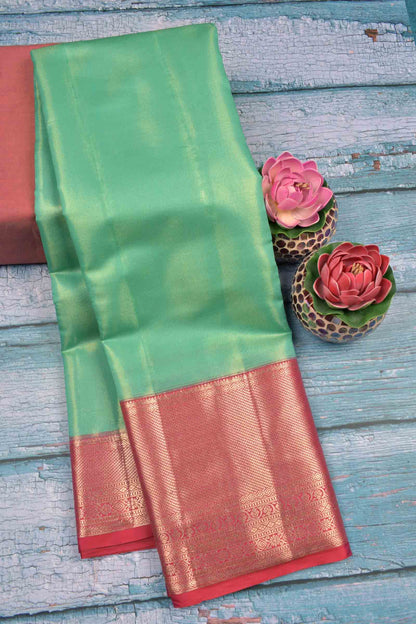 Golden Parrot Green Semi Silk Tissue Fancy Mini Zari Lines Contrast Zari Border Pallu Saree