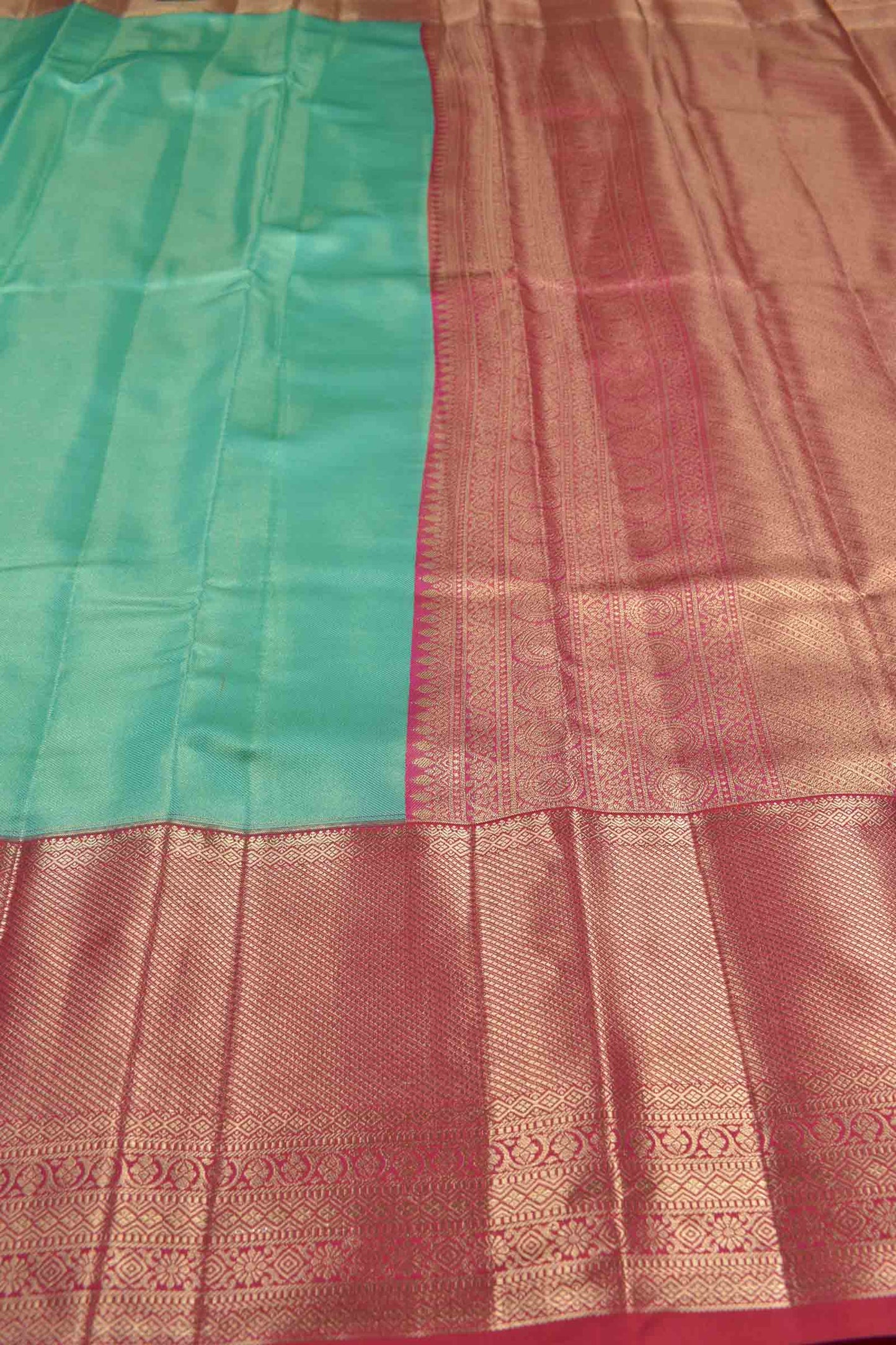 Golden Parrot Green Semi Silk Tissue Fancy Mini Zari Lines Contrast Zari Border Pallu Saree