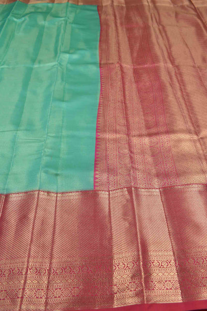 Golden Parrot Green Semi Silk Tissue Fancy Mini Zari Lines Contrast Zari Border Pallu Saree