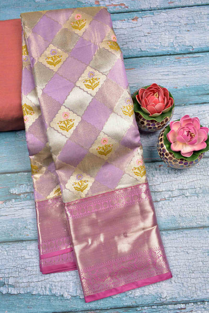 Light Voilet Semi Silk Tissue Floral Checks Flowers Print Zari Border Saree