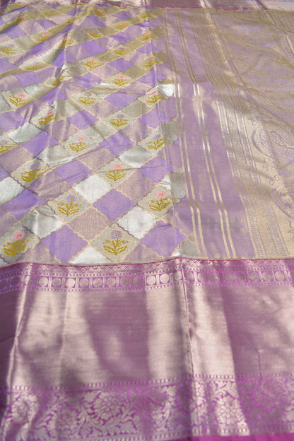 Light Voilet Semi Silk Tissue Floral Checks Flowers Print Zari Border Saree