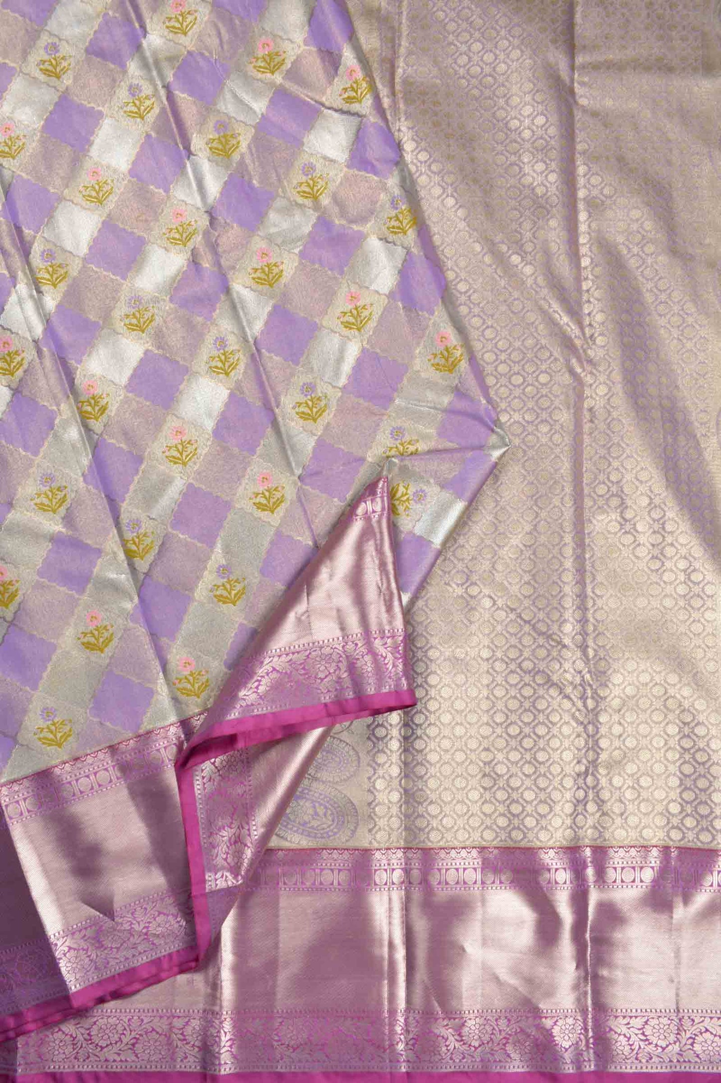 Light Voilet Semi Silk Tissue Floral Checks Flowers Print Zari Border Saree