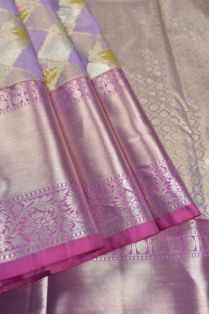 Light Voilet Semi Silk Tissue Floral Checks Flowers Print Zari Border Saree
