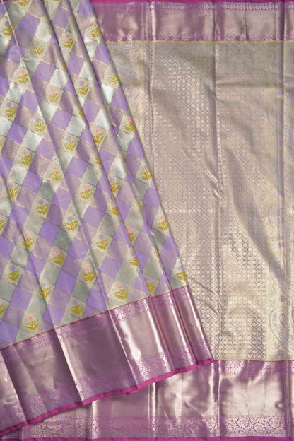Light Voilet Semi Silk Tissue Floral Checks Flowers Print Zari Border Saree