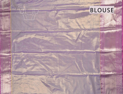 Light Voilet Semi Silk Tissue Floral Checks Flowers Print Zari Border Saree