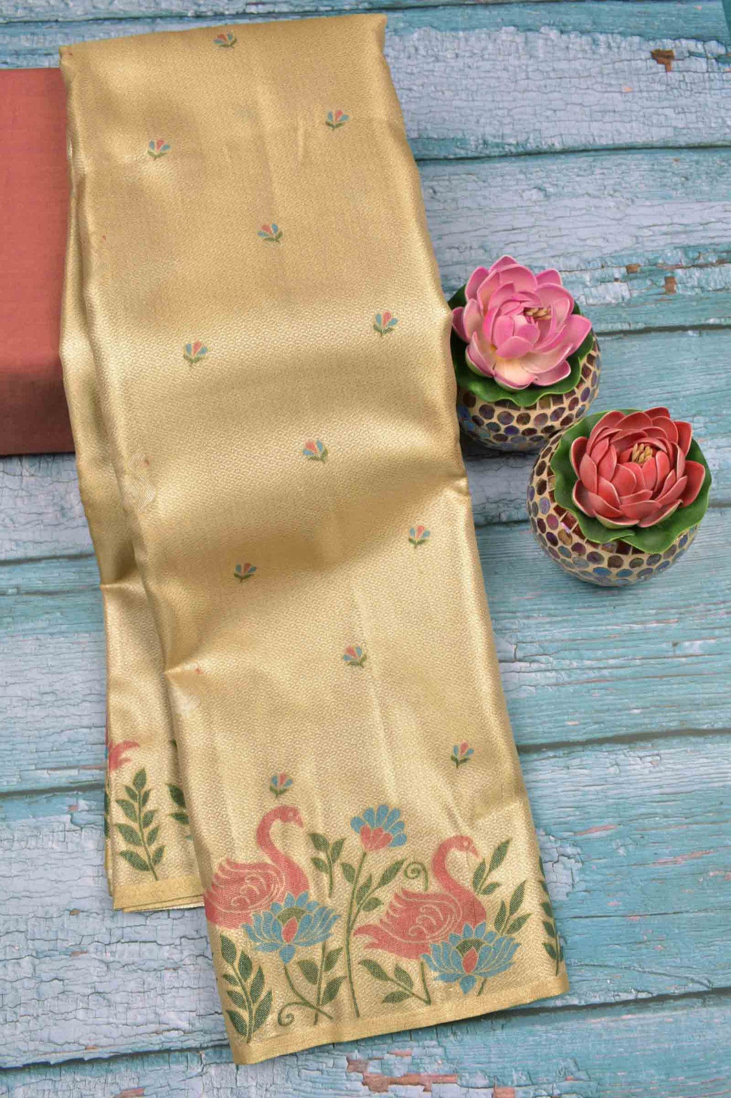 Golden Dark Sandal Semi Tissue Silk Mini Butta Print Annam Border Zari Pallu Saree