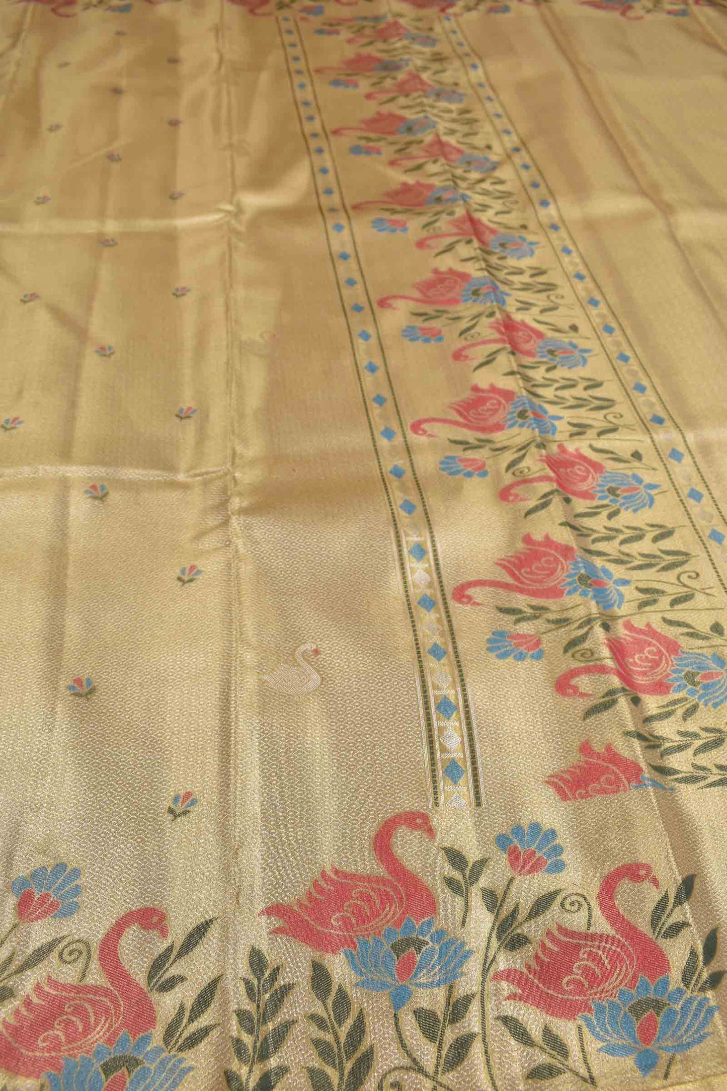 Golden Dark Sandal Semi Tissue Silk Mini Butta Print Annam Border Zari Pallu Saree