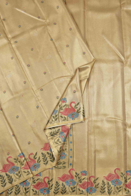 Golden Dark Sandal Semi Tissue Silk Mini Butta Print Annam Border Zari Pallu Saree