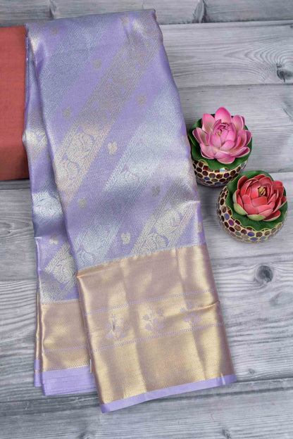 Light Voilet Semi Silk Tissue Fancy Peacock Print Zari Border Saree