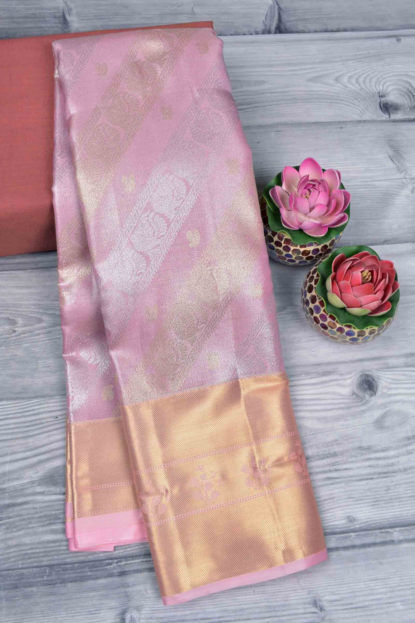 Light Pink Semi Silk Tissue Fancy Peacock Print Zari Border Saree