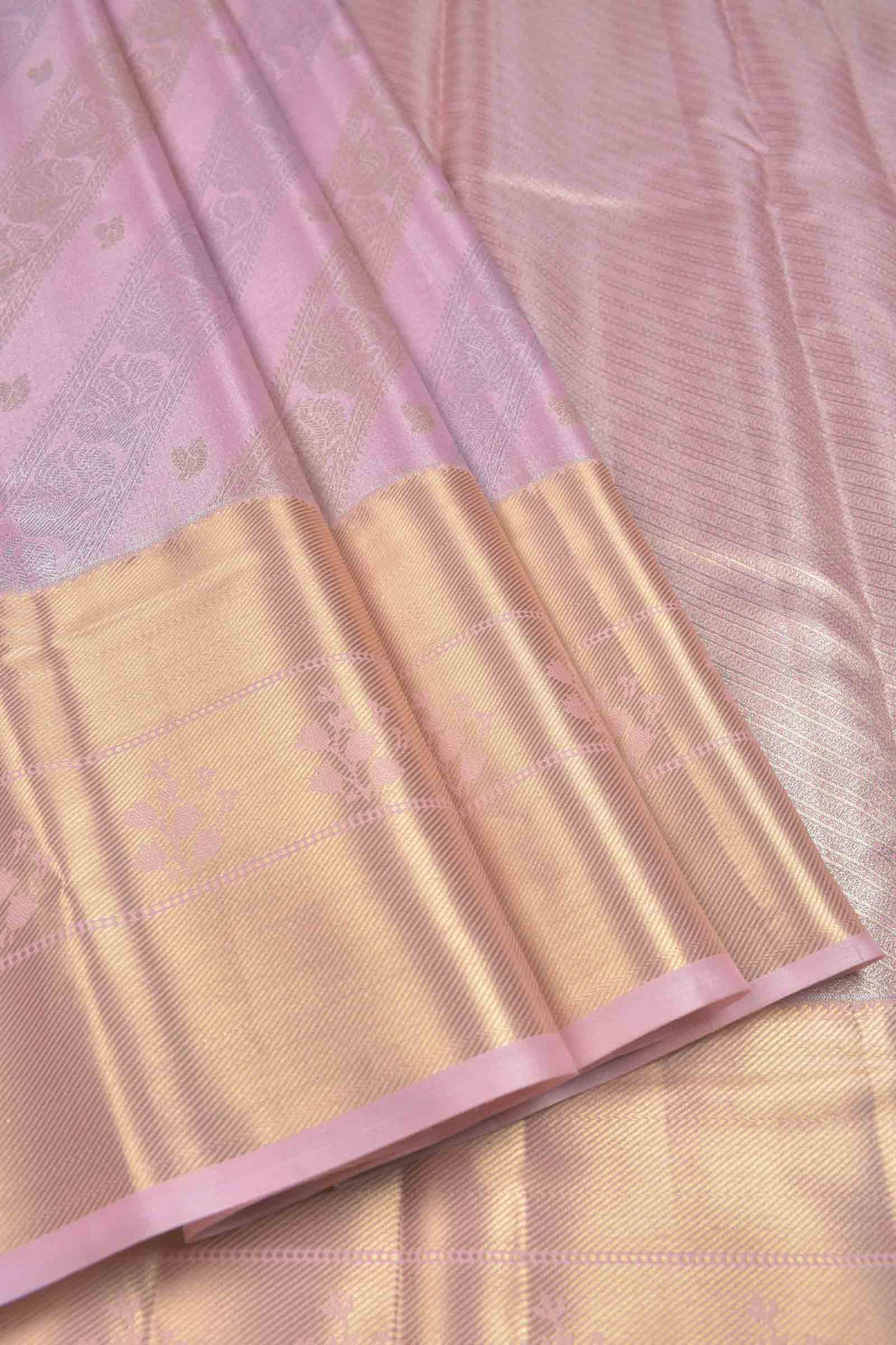Light Pink Semi Silk Tissue Fancy Peacock Print Zari Border Saree