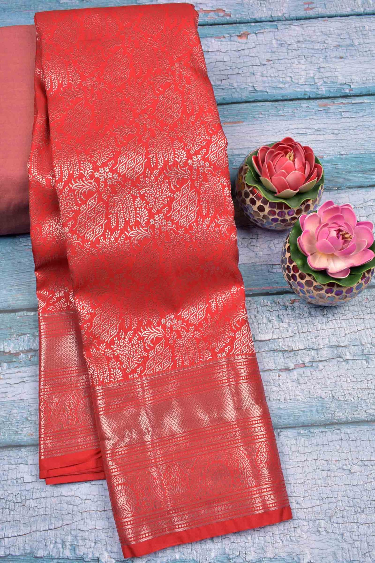 Bold Red Semi Silk Intricate Floral Body Zari Border Saree