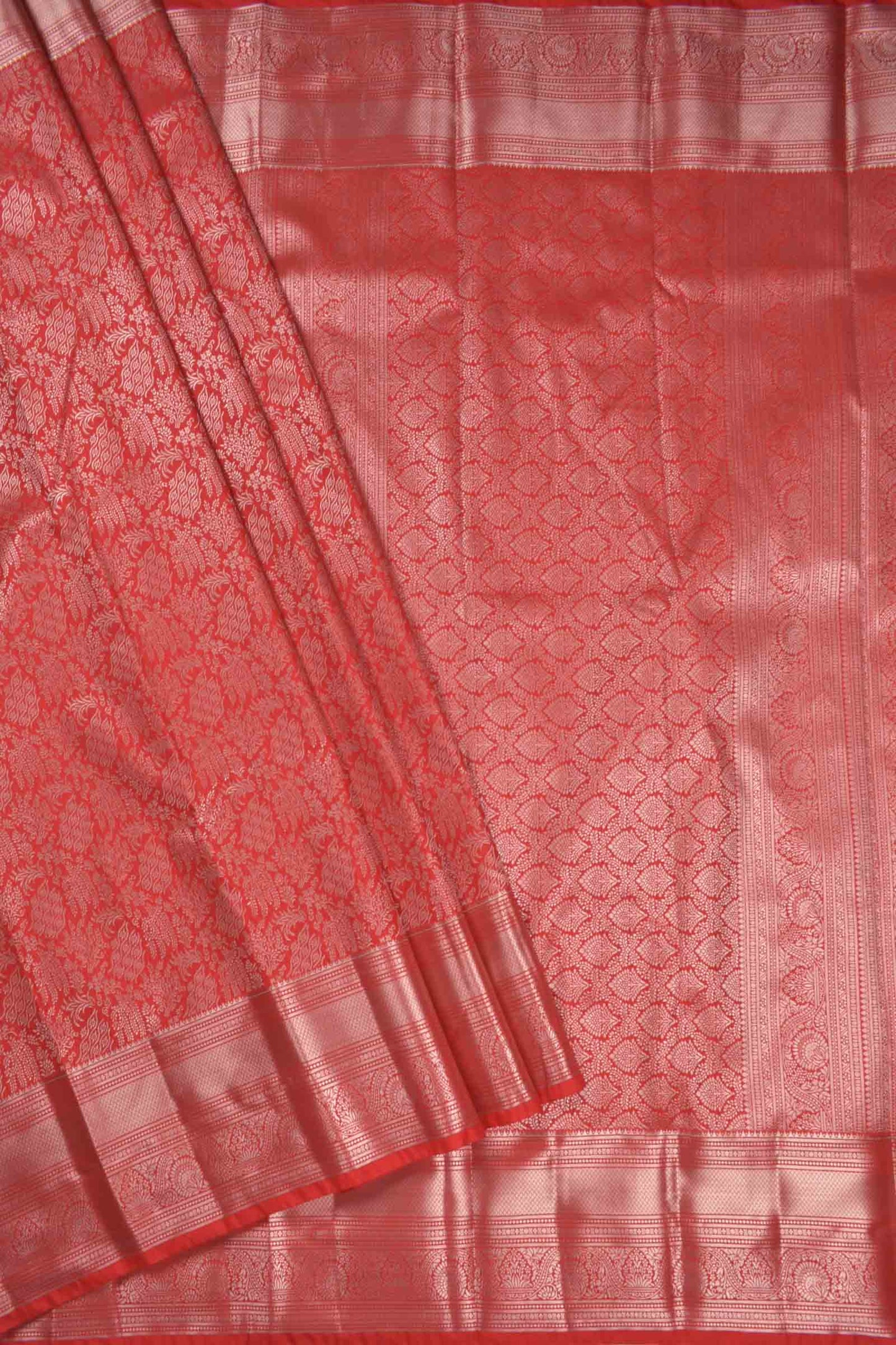 Bold Red Semi Silk Intricate Floral Body Zari Border Saree