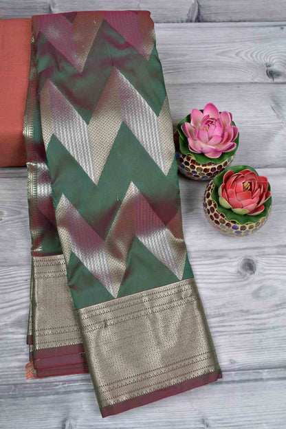 Green Semi Silk  Fancy Waves Zari Border Pallu Saree