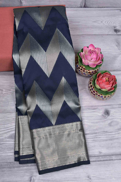 Navy Blue Semi Silk Fancy Waves Zari Border Pallu Saree