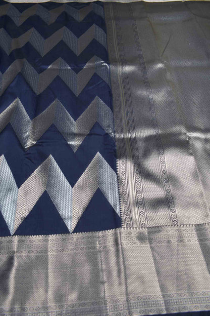 Navy Blue Semi Silk Fancy Waves Zari Border Pallu Saree