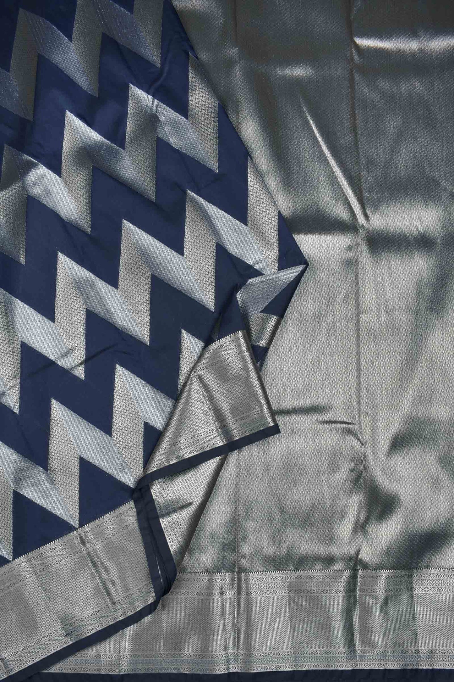 Navy Blue Semi Silk Fancy Waves Zari Border Pallu Saree