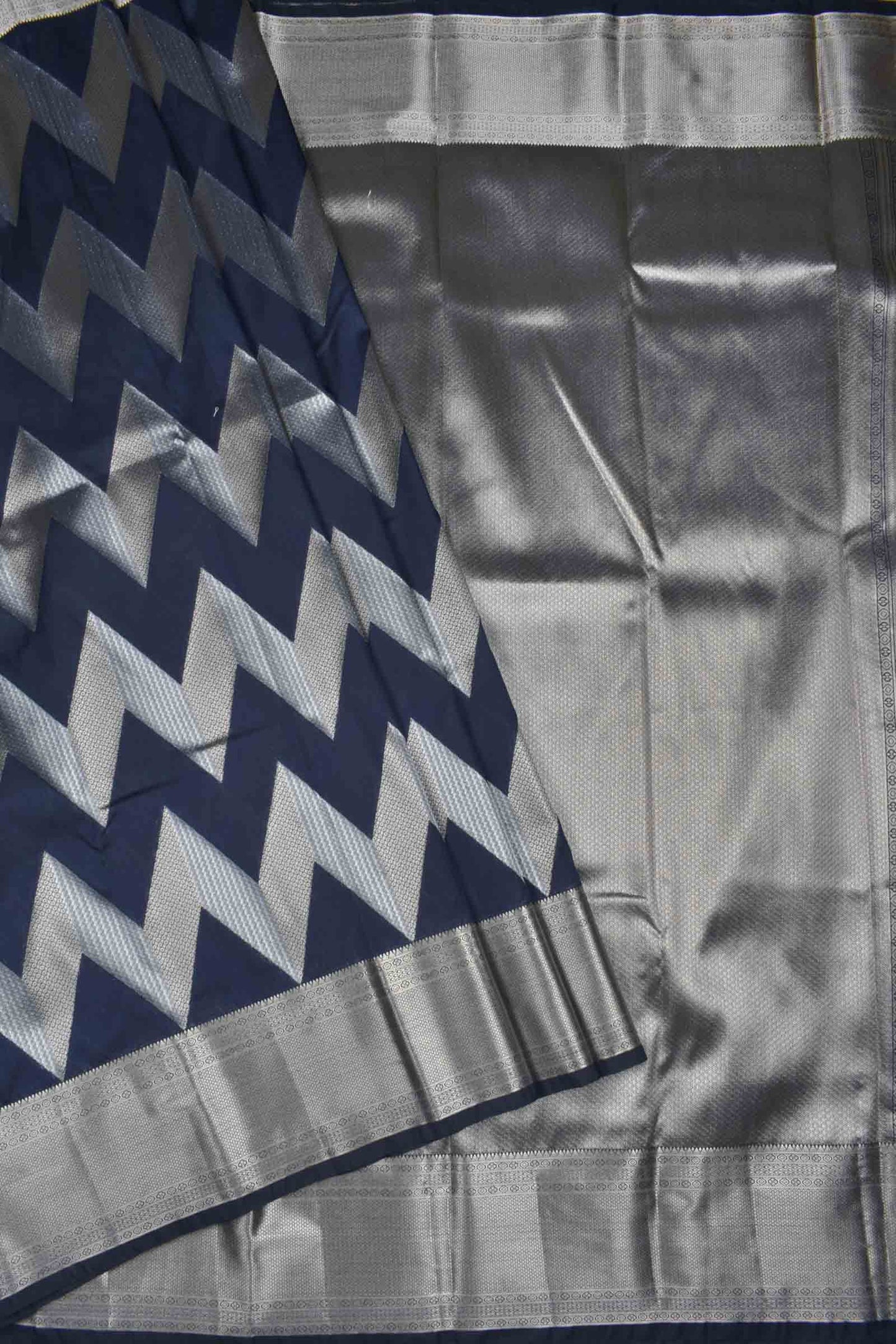 Navy Blue Semi Silk Fancy Waves Zari Border Pallu Saree