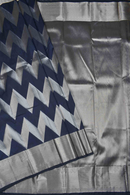 Navy Blue Semi Silk Fancy Waves Zari Border Pallu Saree