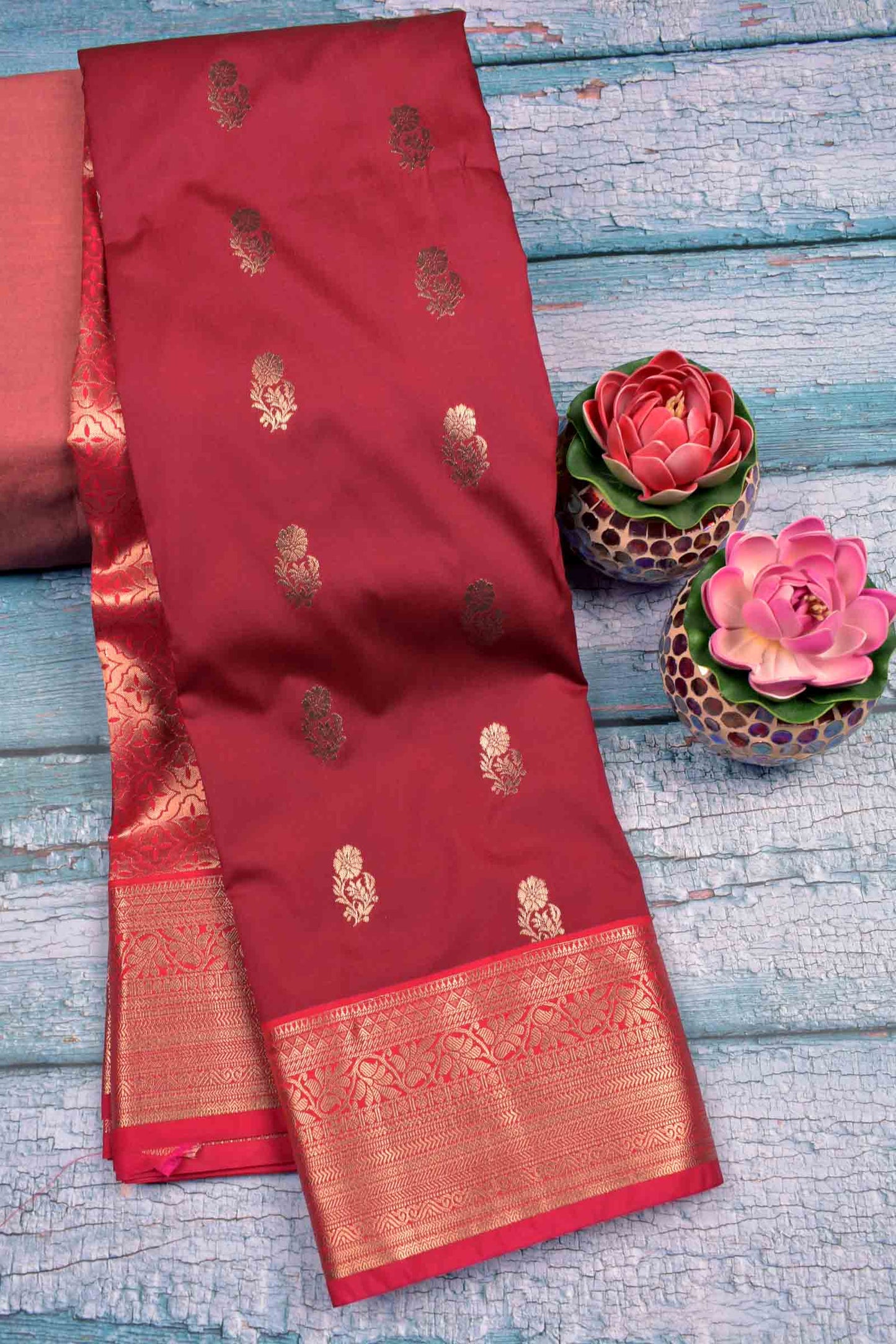 Dark Maroon Semi Silk Mini Floral Butta Zari Border Saree