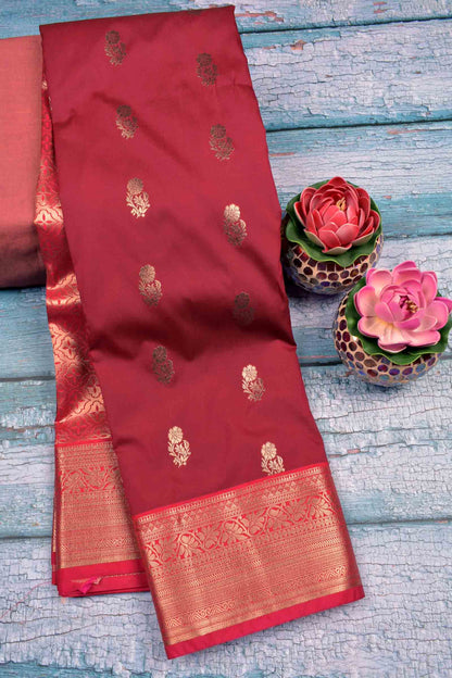 Dark Maroon Semi Silk Mini Floral Butta Zari Border Saree