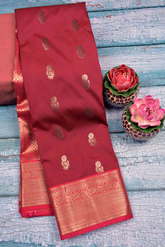 Dark Maroon Semi Silk Mini Floral Butta Zari Border Saree