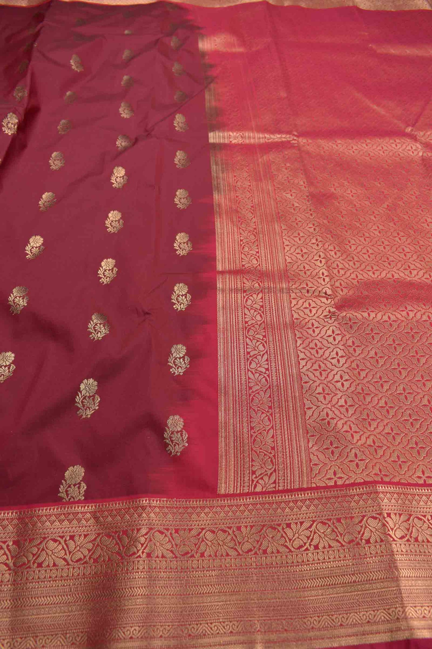 Dark Maroon Semi Silk Mini Floral Butta Zari Border Saree