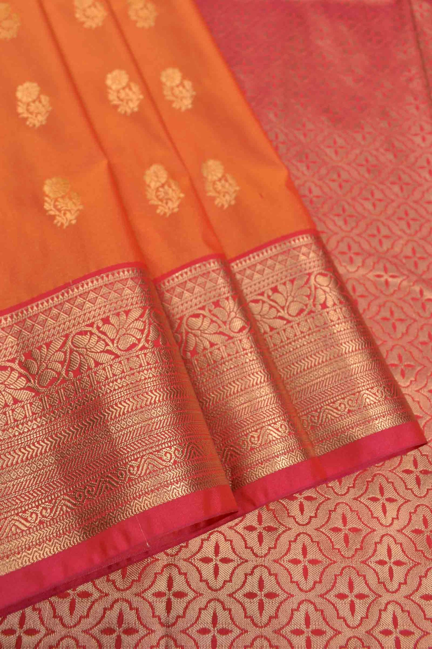 Golden Orange Semi Silk Mini Butta Zari Border Saree