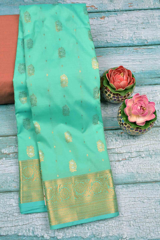 Turquoise Blue Semi Silk Mini Butta Zari Border Saree