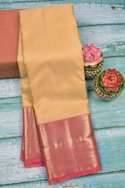 Peach Semi Silk Zari Little Checks Contrast Red Zari Border Pallu Saree