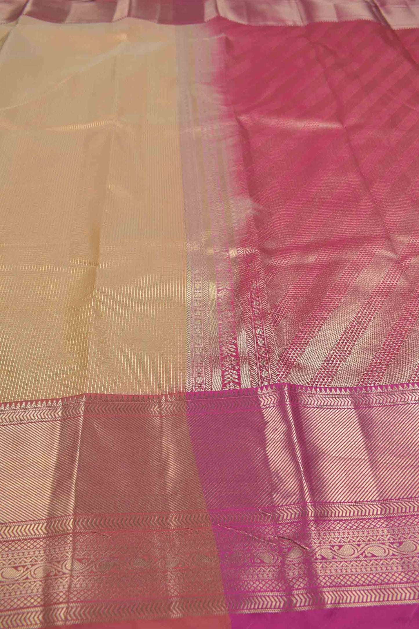 Peach Semi Silk Zari Little Checks Contrast Red Zari Border Pallu Saree