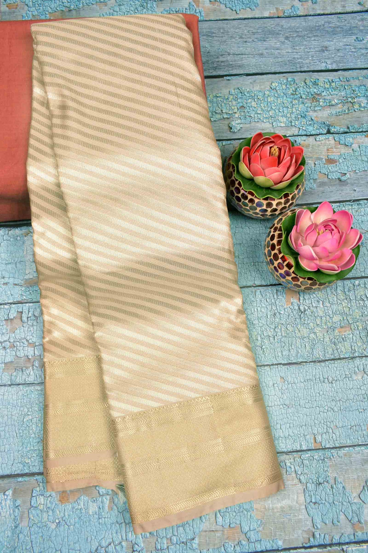 Light Sandal Semi Silk Self Zari Cross Lines Zari Border Saree