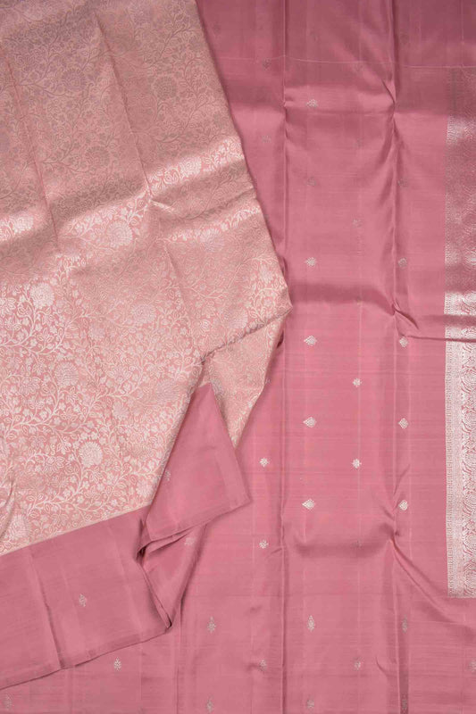 Light Pink Kanchipuram Bridal Pure Silk Silver Florals Mauve taupe Border Pallu Saree NAA167