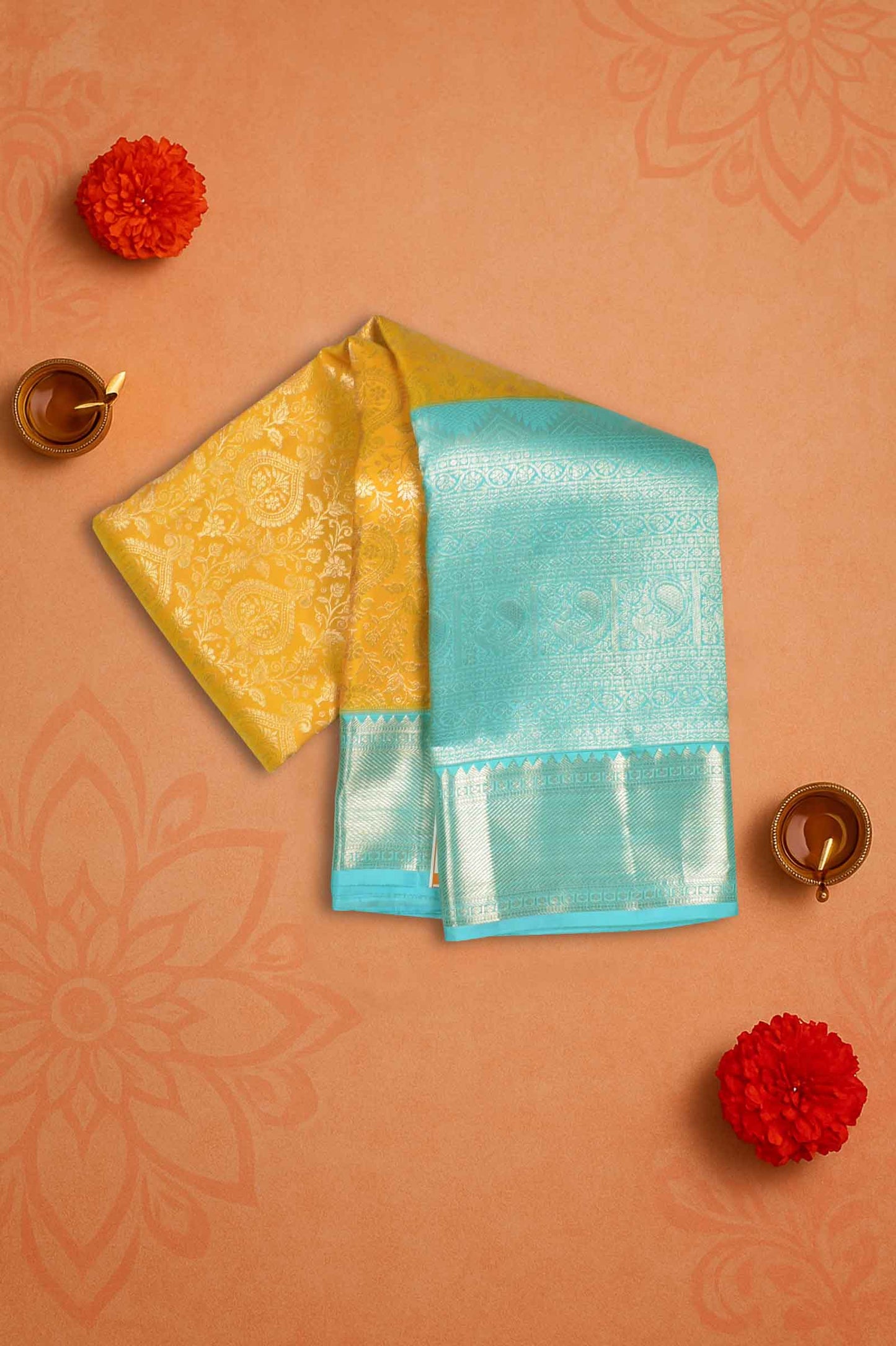 Golden Yellow Kanchipuram Bridal Pure Silk Floral Flowers Body Contrast Zari Border Pallu Saree NAA220