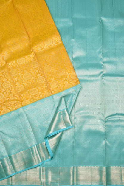 Golden Yellow Kanchipuram Bridal Pure Silk Floral Flowers Body Contrast Zari Border Pallu Saree NAA220