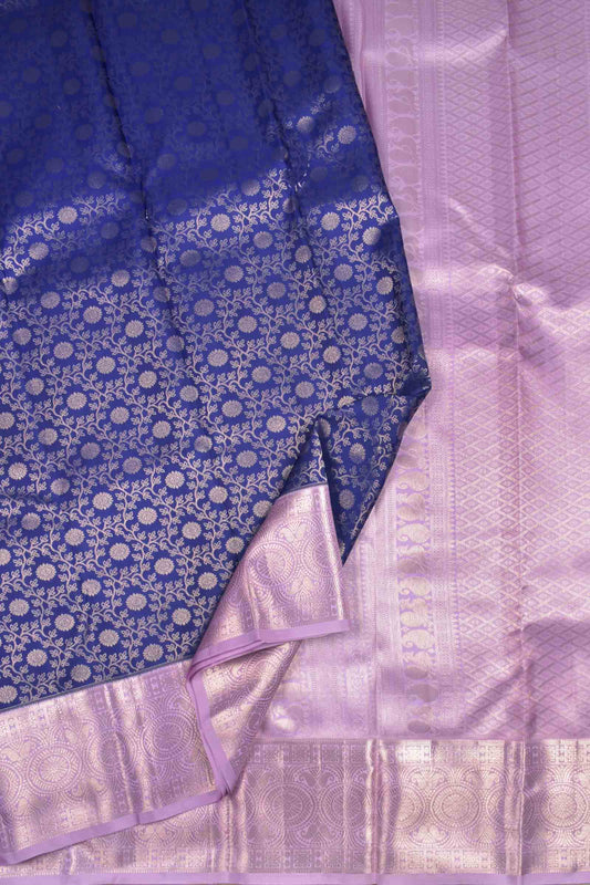 Navy Blue Kanchipuram Bridal Pure Silk Intricate Floral Jaal Light Violet Zari Border Pallu Saree NAA168