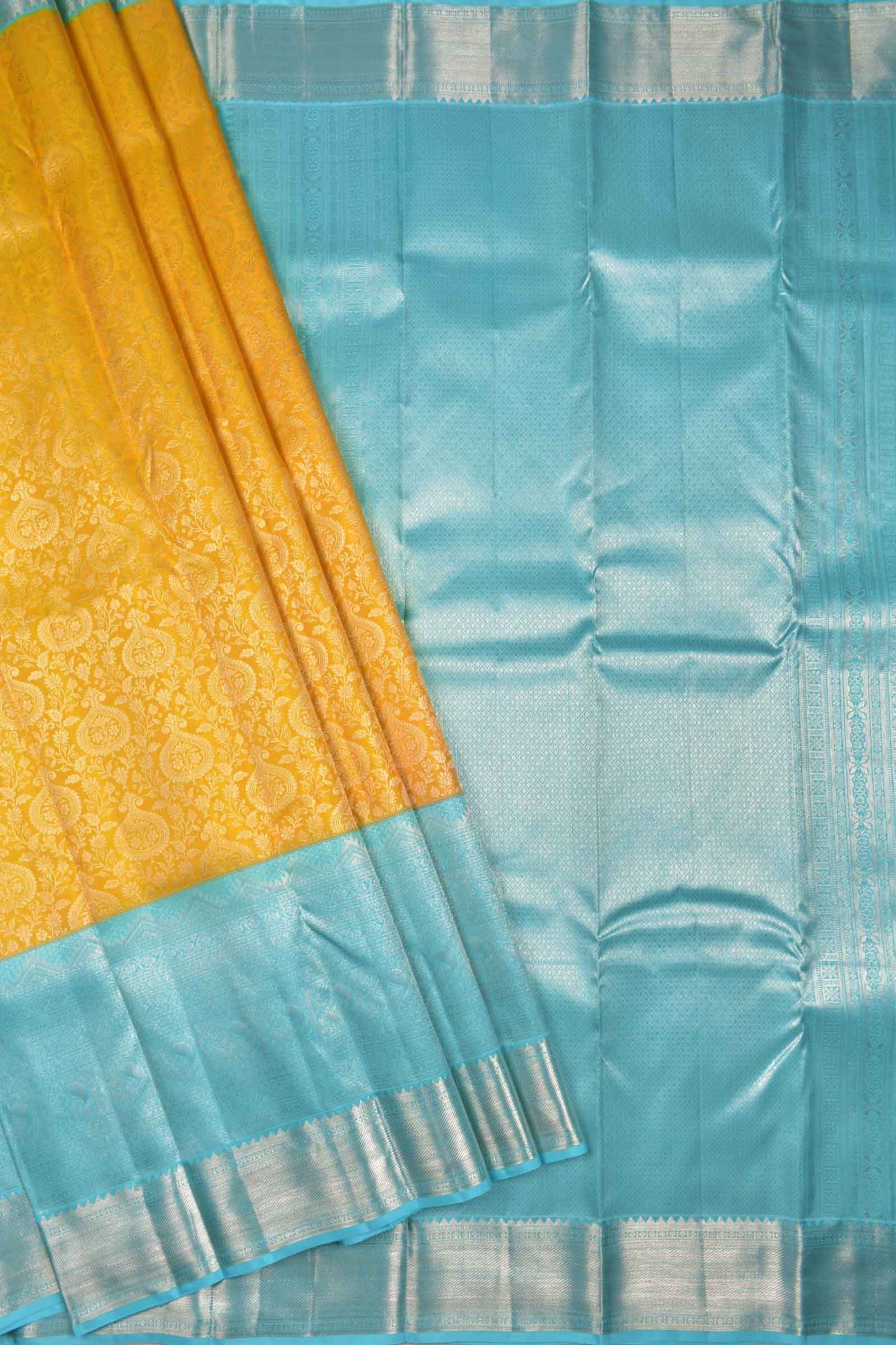 Golden Yellow Kanchipuram Bridal Pure Silk Floral Flowers Body Contrast Zari Border Pallu Saree NAA220