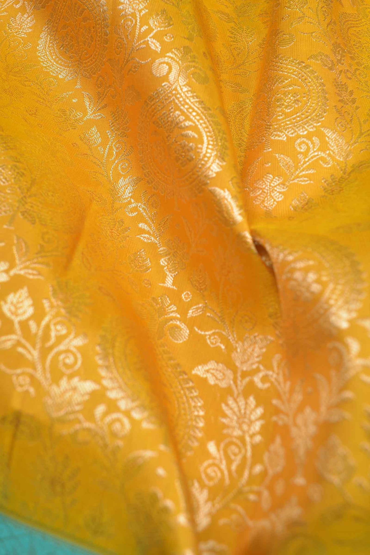 Golden Yellow Kanchipuram Bridal Pure Silk Floral Flowers Body Contrast Zari Border Pallu Saree NAA220