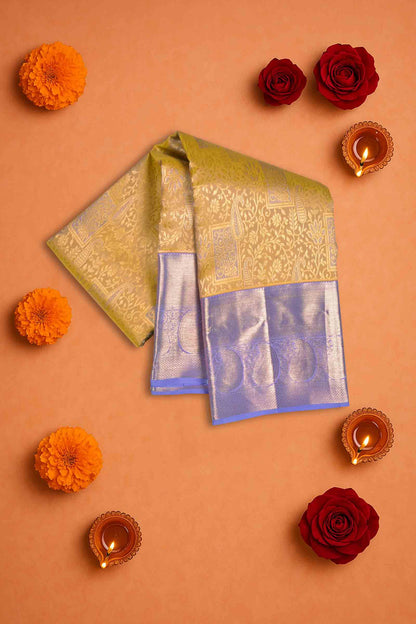 Golden Mustard Yellow Kanchipuram Bridal Pure Silk Contrast Violet Zari Border Pallu Saree NAA169