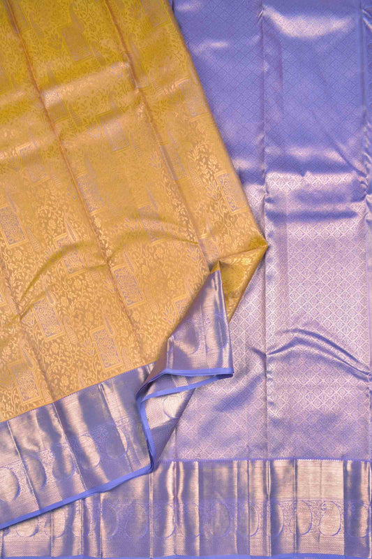 Golden Mustard Yellow Kanchipuram Bridal Pure Silk Contrast Violet Zari Border Pallu Saree NAA169