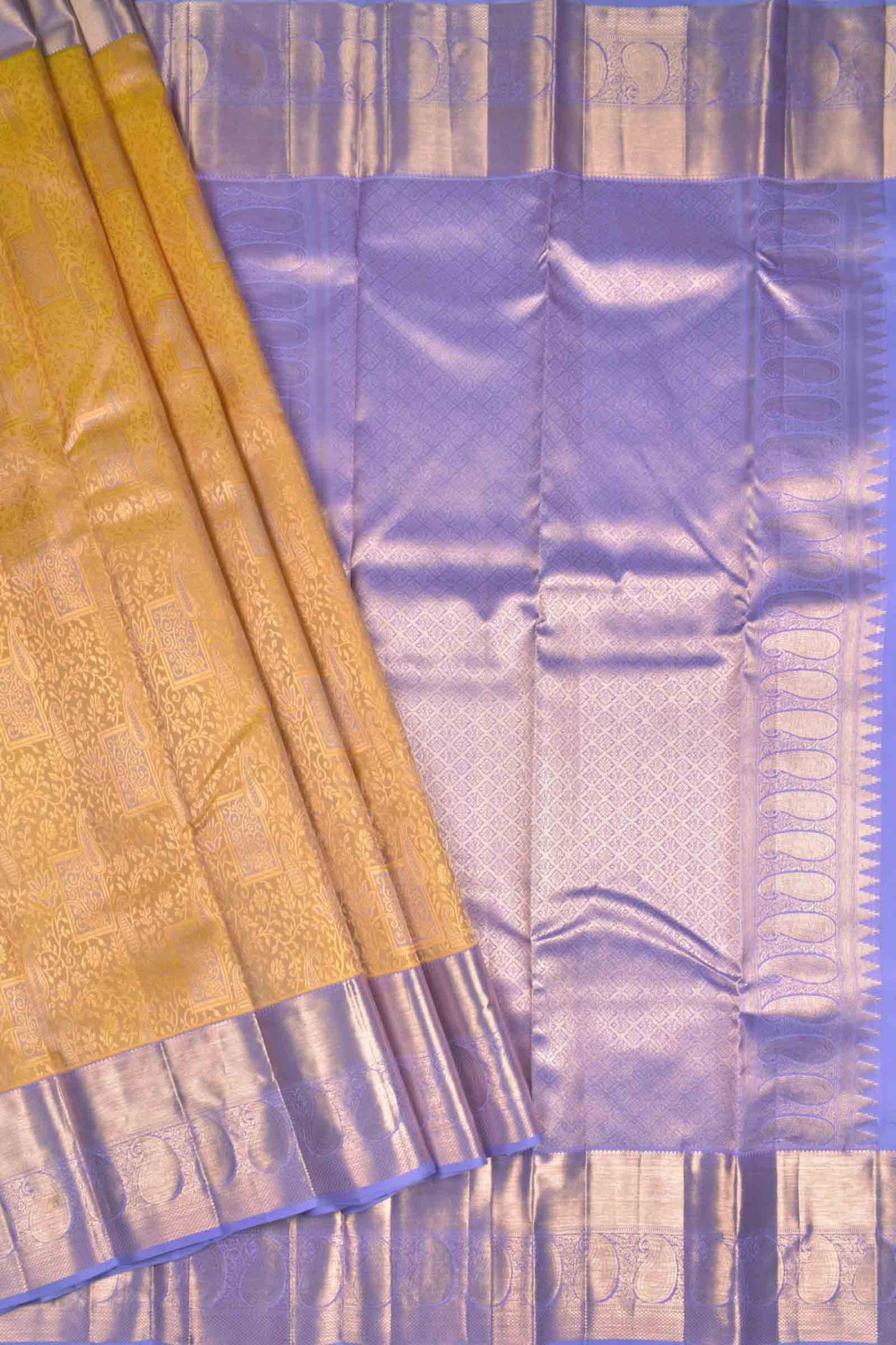 Golden Mustard Yellow Kanchipuram Bridal Pure Silk Contrast Violet Zari Border Pallu Saree NAA169