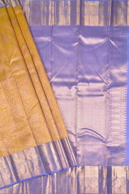 Golden Mustard Yellow Kanchipuram Bridal Pure Silk Contrast Violet Zari Border Pallu Saree NAA169