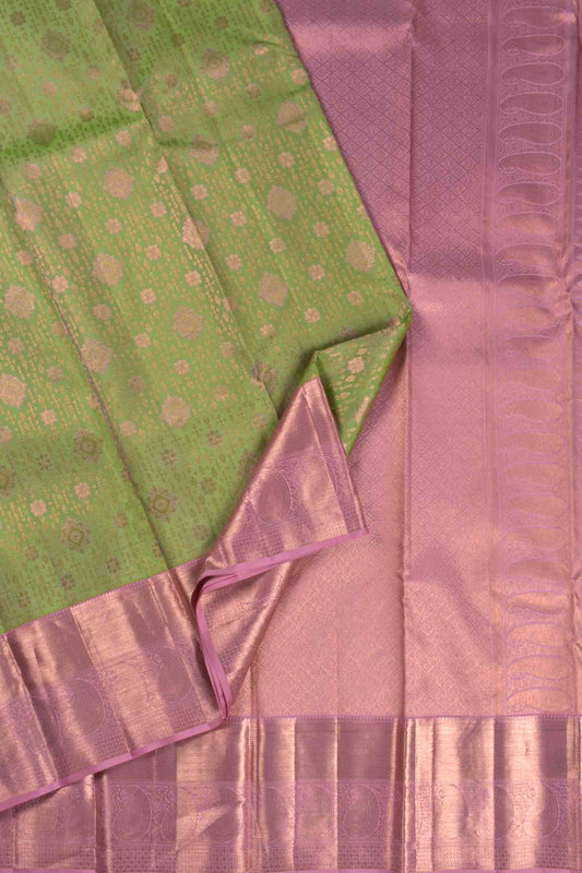 Leaf Green Kanchipuram Bridal Pure Silk Rose Gold Zari Mango Border Pallu Saree NAA195